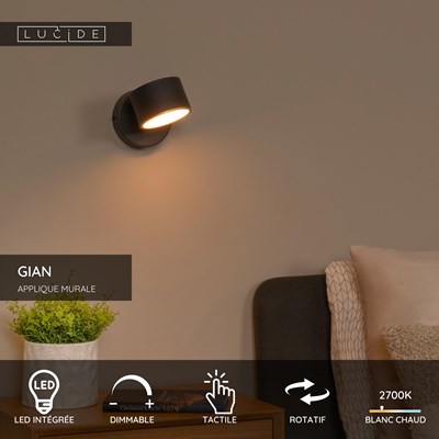 Lucide GIAN - Applique murale - LED Dim. - 1x9W 2700K - Noir